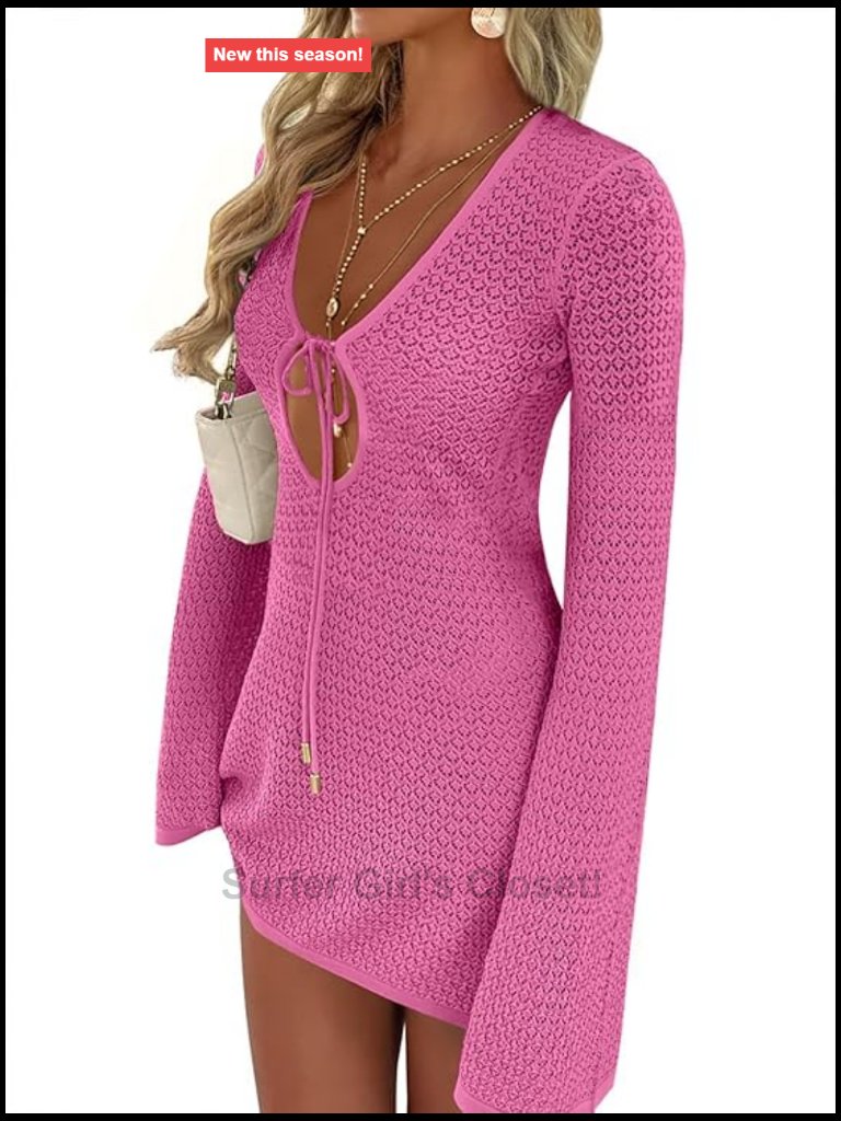 Crochet Mesh Knit Long Sleeve V-Neck Beach Dress Cover Up